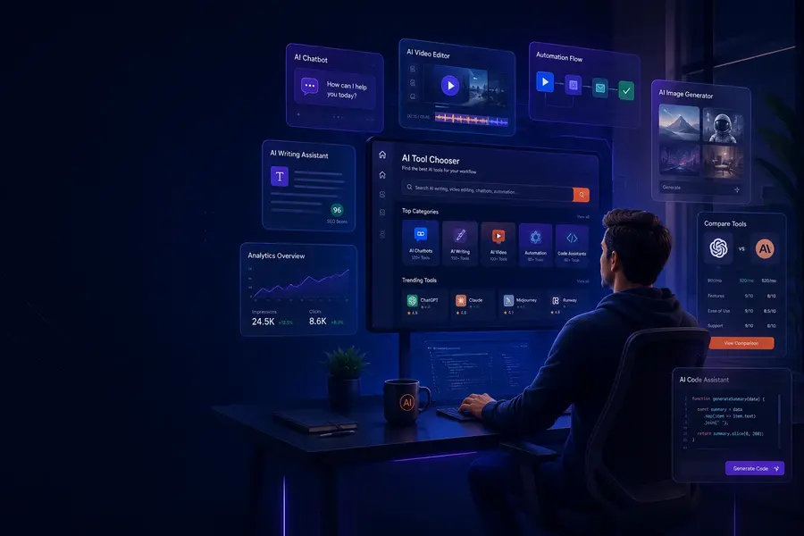 AI software discovery dashboard showing workflow automation and tool comparison interface